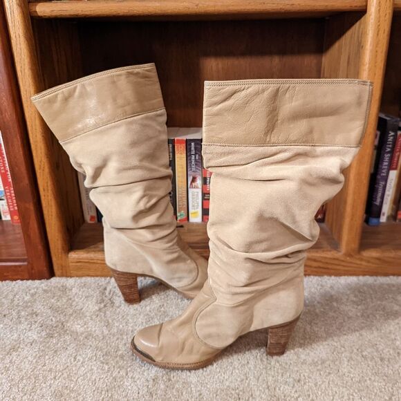 VINTAGE western style pull on suede slouch boot metal tips high heel euc sz 10 - Picture 3 of 13